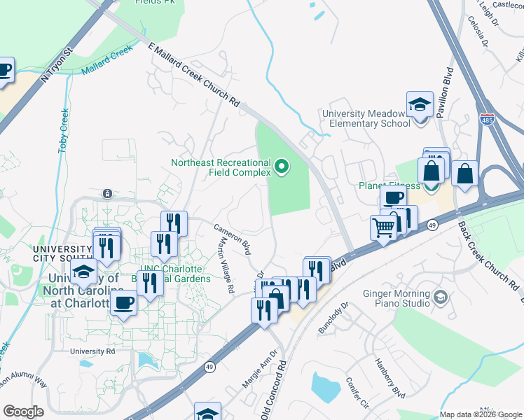 map of restaurants, bars, coffee shops, grocery stores, and more near Varsity Lane in Charlotte