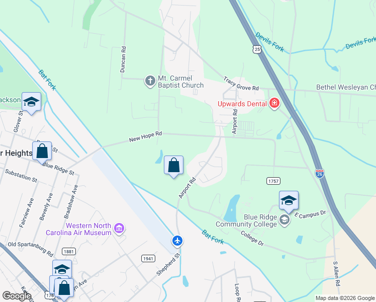 map of restaurants, bars, coffee shops, grocery stores, and more near 692 New Hope Road in Flat Rock