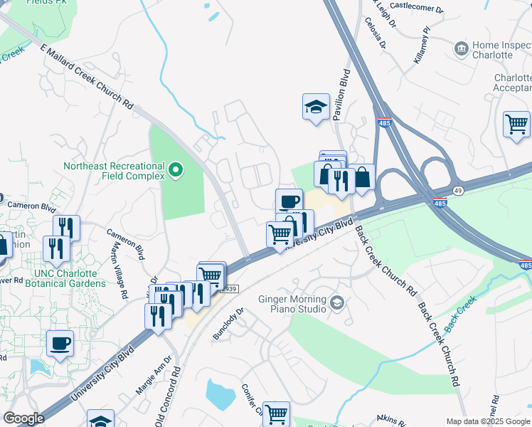 map of restaurants, bars, coffee shops, grocery stores, and more near 10040 Dabney Drive in Charlotte