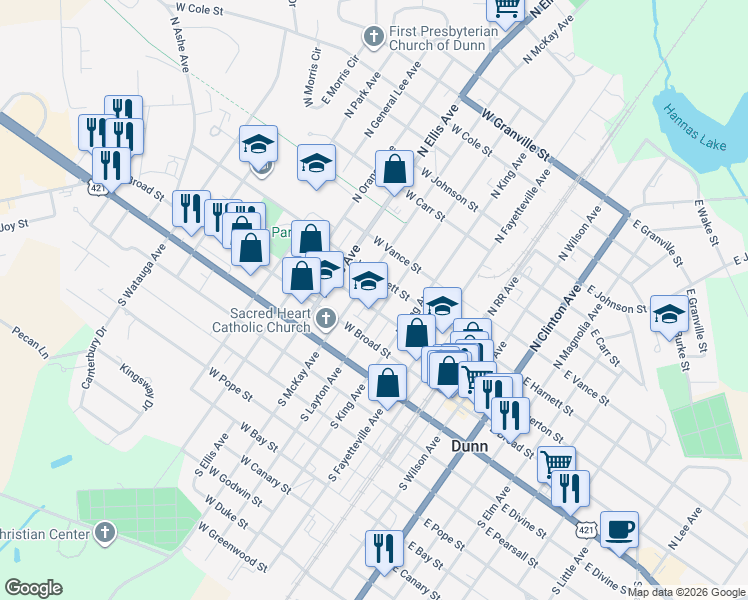 map of restaurants, bars, coffee shops, grocery stores, and more near 410 West Edgerton Street in Dunn