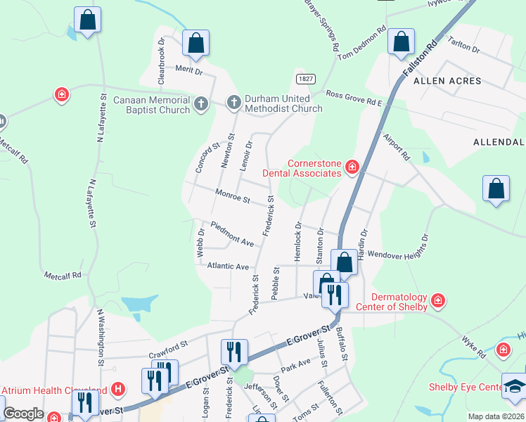 map of restaurants, bars, coffee shops, grocery stores, and more near 516 Monroe Street in Shelby