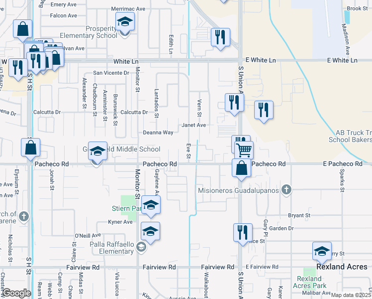 map of restaurants, bars, coffee shops, grocery stores, and more near 4721 Eve Street in Bakersfield