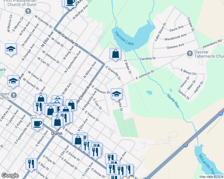 map of restaurants, bars, coffee shops, grocery stores, and more near 609 East Johnson Street in Dunn