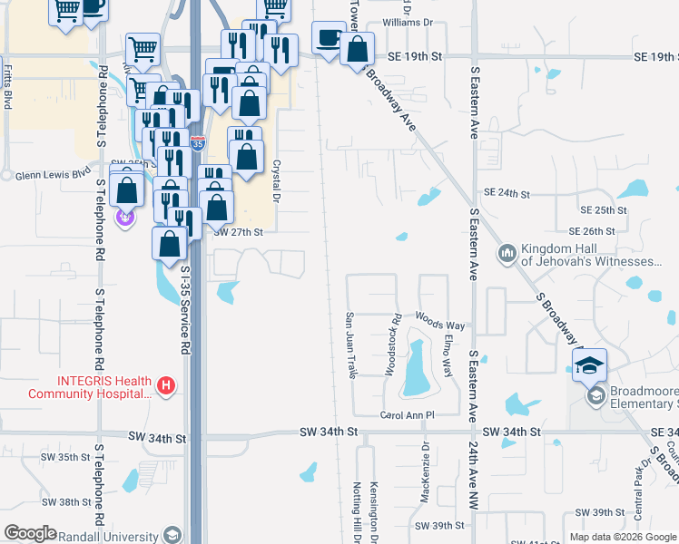 map of restaurants, bars, coffee shops, grocery stores, and more near 2901 San Juan Trails in Moore