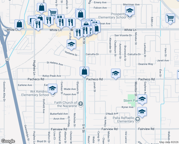 map of restaurants, bars, coffee shops, grocery stores, and more near 1500 Pacheco Road in Bakersfield