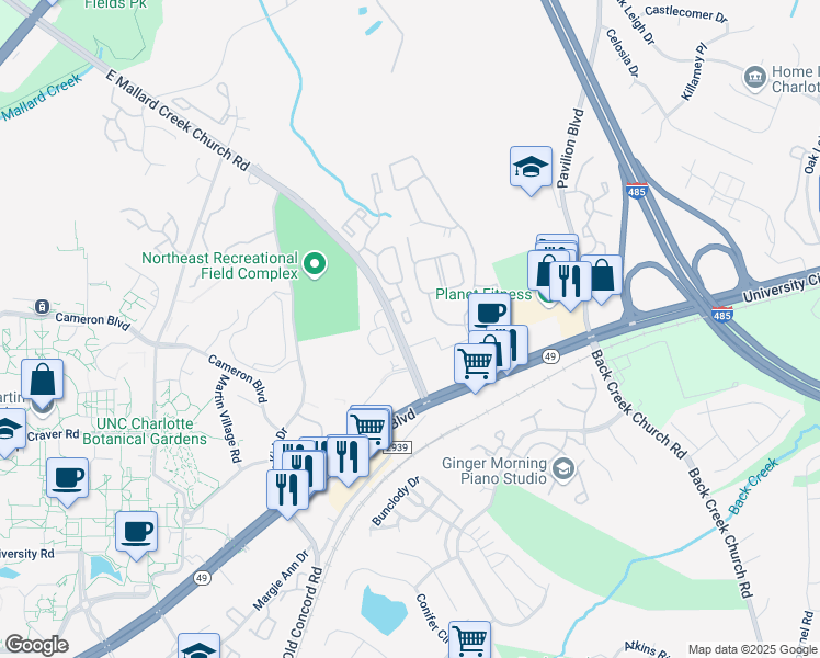 map of restaurants, bars, coffee shops, grocery stores, and more near 1127 Gold Rush Boulevard in Charlotte