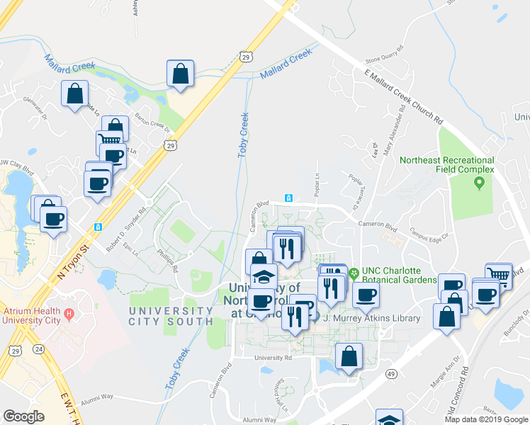 map of restaurants, bars, coffee shops, grocery stores, and more near 8944 Cameron Boulevard in Charlotte