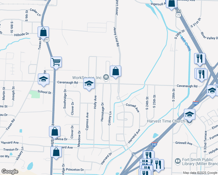 map of restaurants, bars, coffee shops, grocery stores, and more near 7712 Colony Lane in Fort Smith