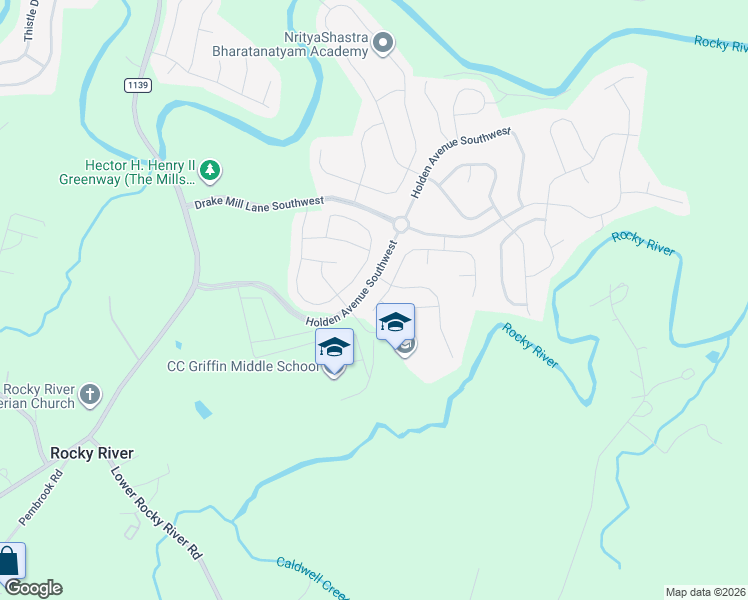 map of restaurants, bars, coffee shops, grocery stores, and more near 1679 Elbens Lane Southwest in Concord