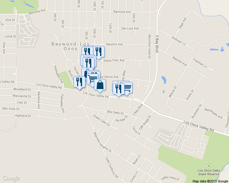 map of restaurants, bars, coffee shops, grocery stores, and more near 1150 Los Osos Valley Road in Baywood-Los Osos