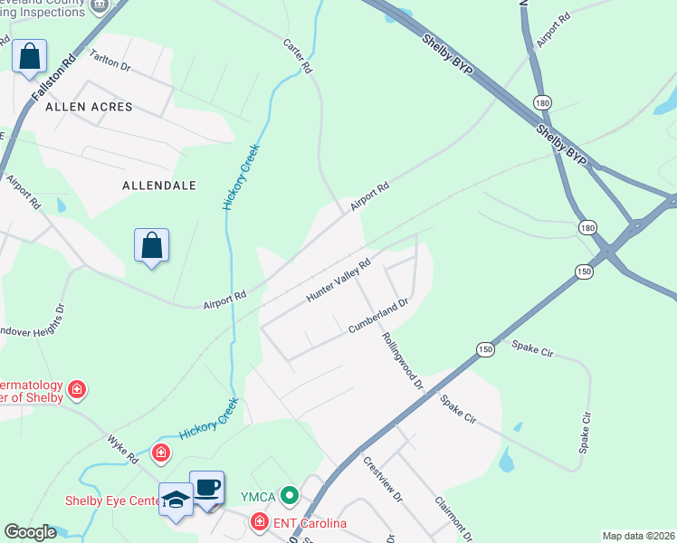 map of restaurants, bars, coffee shops, grocery stores, and more near 1025 Hunter Valley Road in Shelby