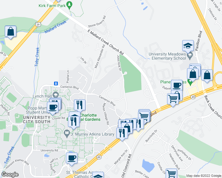 map of restaurants, bars, coffee shops, grocery stores, and more near Campus Edge Circle in Charlotte
