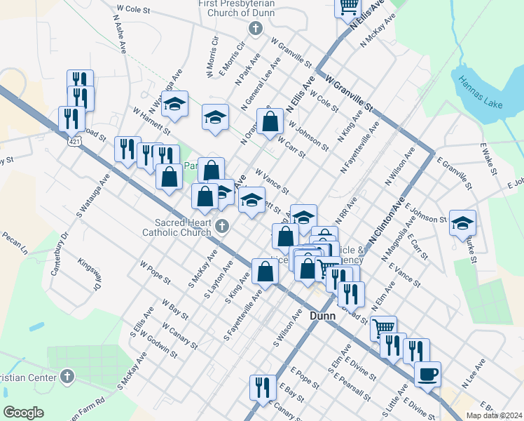 map of restaurants, bars, coffee shops, grocery stores, and more near 205 North Layton Avenue in Dunn