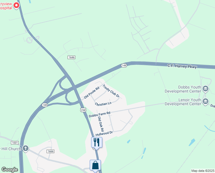 map of restaurants, bars, coffee shops, grocery stores, and more near 2291 Trinity Club Drive in Kinston