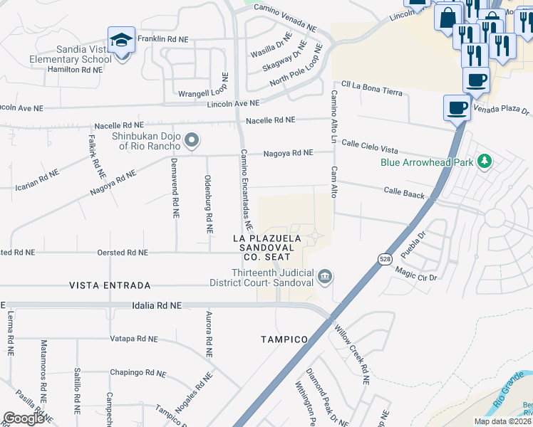 map of restaurants, bars, coffee shops, grocery stores, and more near 3200 Camino Encantadas Northeast in Rio Rancho