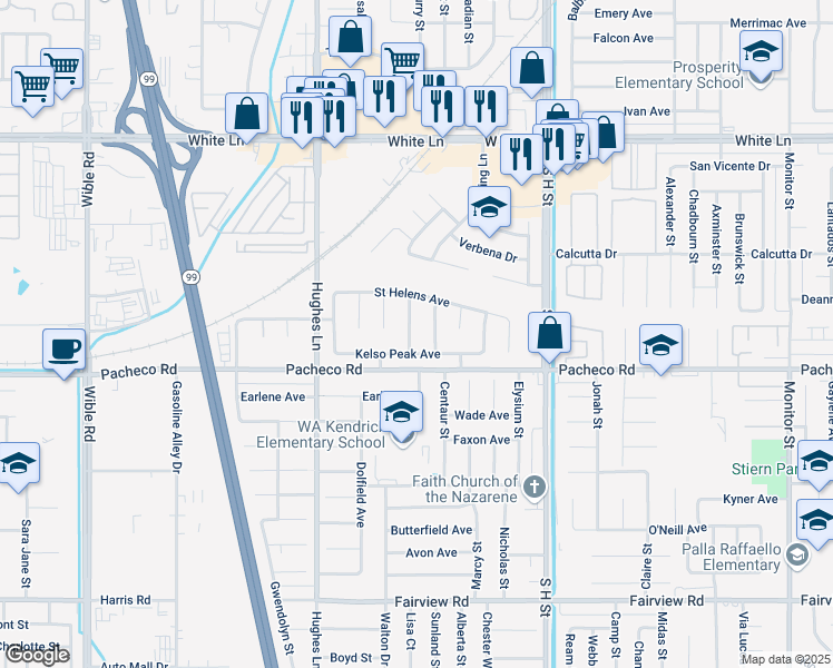 map of restaurants, bars, coffee shops, grocery stores, and more near 4708 Half Dome Way in Bakersfield