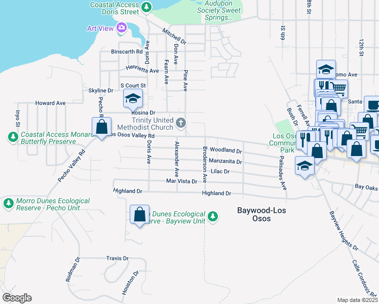 map of restaurants, bars, coffee shops, grocery stores, and more near 541 Woodland Dr in Baywood-Los Osos