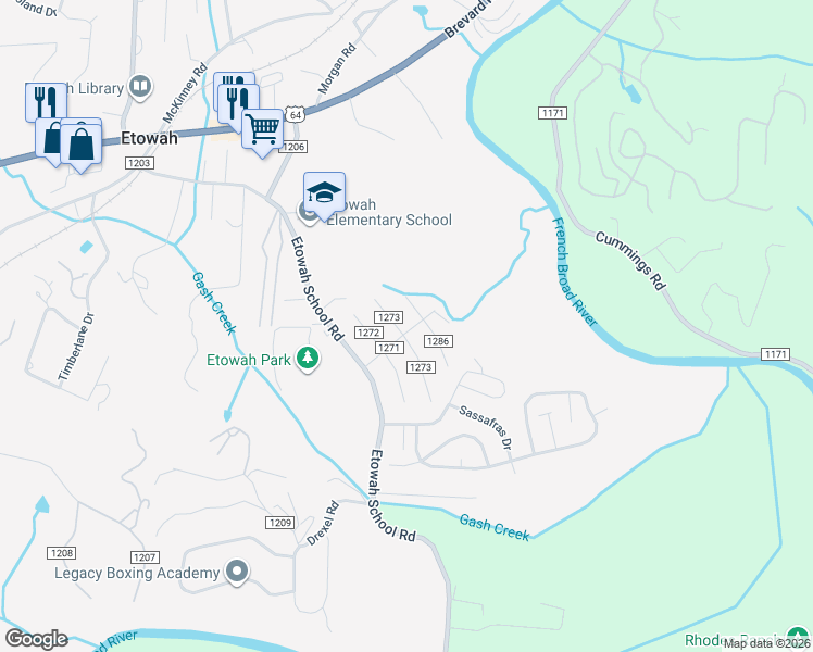map of restaurants, bars, coffee shops, grocery stores, and more near 21 West Silverleaf Drive in Hendersonville