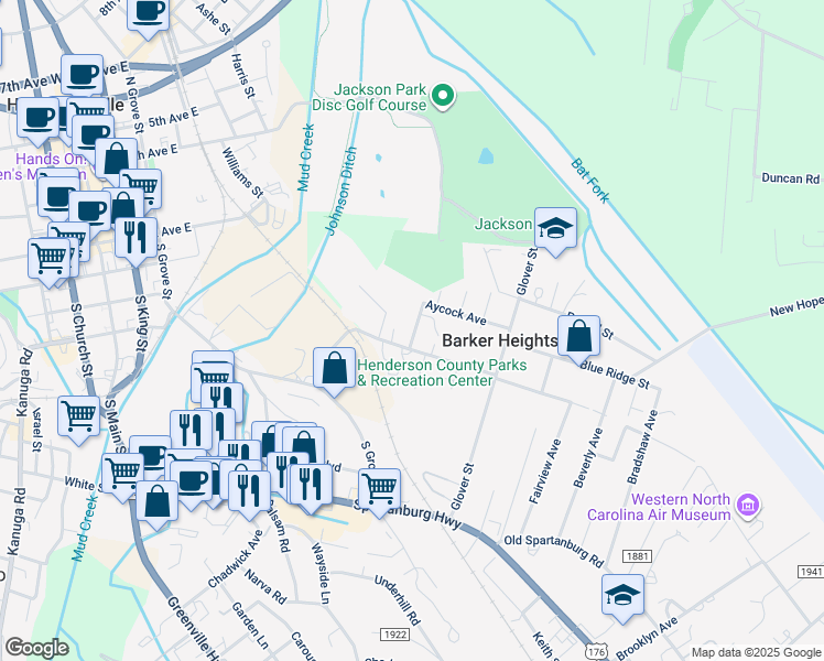 map of restaurants, bars, coffee shops, grocery stores, and more near 402 Young Street in Hendersonville