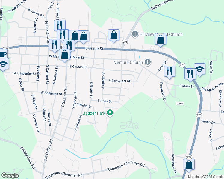 map of restaurants, bars, coffee shops, grocery stores, and more near 513 East Peachtree Street in Dallas