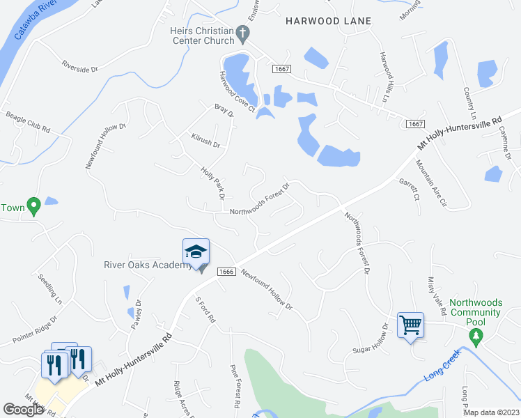 map of restaurants, bars, coffee shops, grocery stores, and more near 11401 Northwoods Forest Drive in Charlotte