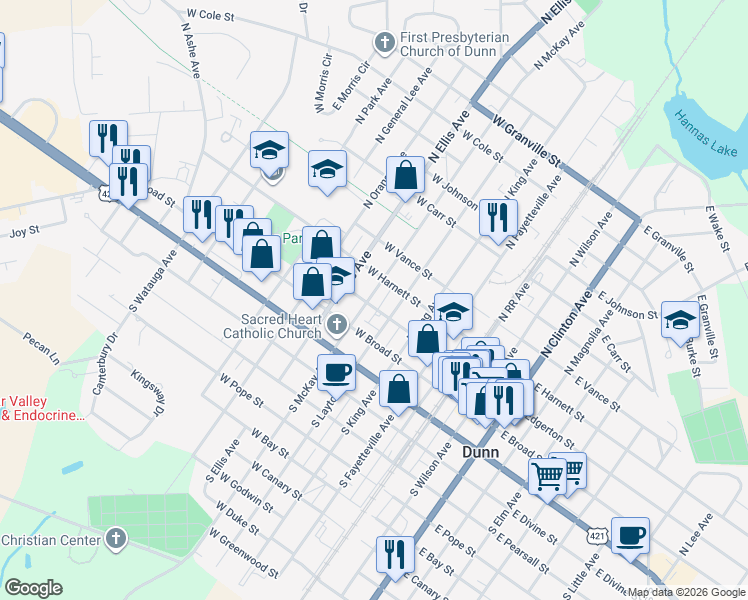 map of restaurants, bars, coffee shops, grocery stores, and more near 410 West Edgerton Street in Dunn