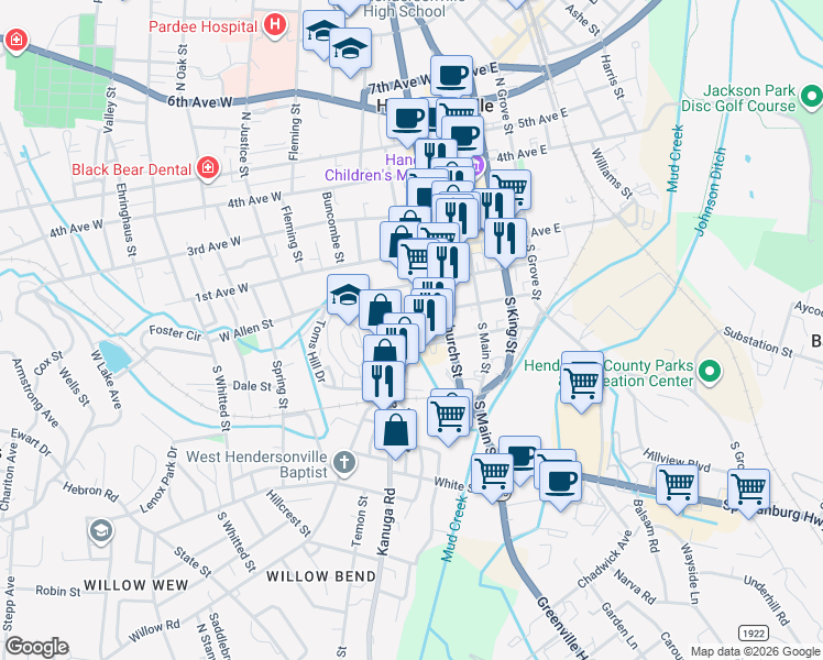 map of restaurants, bars, coffee shops, grocery stores, and more near 401 Lily Pond Drive in Hendersonville