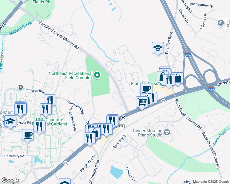 map of restaurants, bars, coffee shops, grocery stores, and more near 1201 Campus Pointe Court in Charlotte