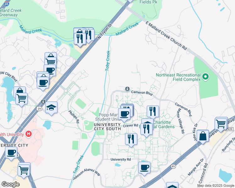 map of restaurants, bars, coffee shops, grocery stores, and more near 8944 Cameron Boulevard in Charlotte