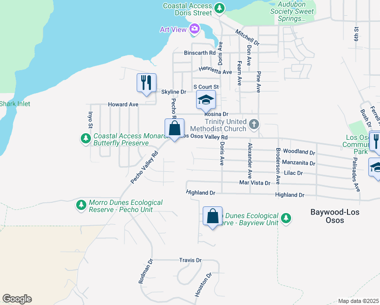 map of restaurants, bars, coffee shops, grocery stores, and more near 302 Manzanita Drive in Baywood-Los Osos