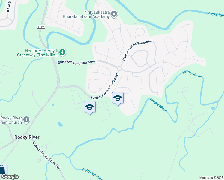 map of restaurants, bars, coffee shops, grocery stores, and more near 1683 Mill Creek Lane Southwest in Concord