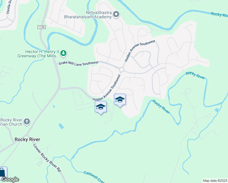 map of restaurants, bars, coffee shops, grocery stores, and more near 1683 Mill Creek Lane Southwest in Concord