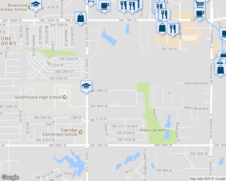 map of restaurants, bars, coffee shops, grocery stores, and more near 1833 Southwest 28th Street in Moore