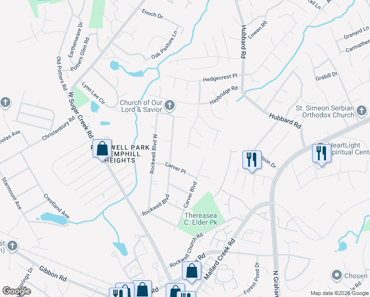 map of restaurants, bars, coffee shops, grocery stores, and more near 3205 Frostmoor Place in Charlotte