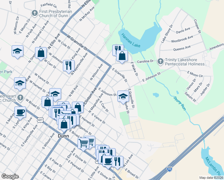 map of restaurants, bars, coffee shops, grocery stores, and more near 503 East Surles Street in Dunn