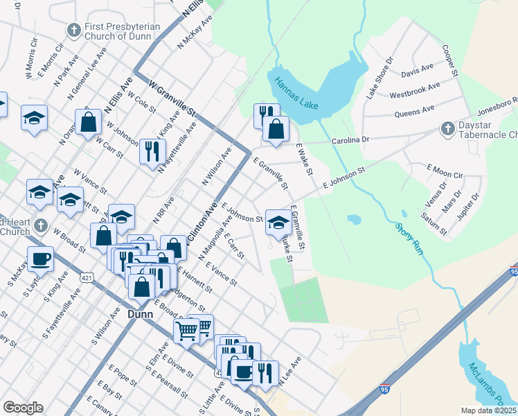 map of restaurants, bars, coffee shops, grocery stores, and more near 503 East Surles Street in Dunn