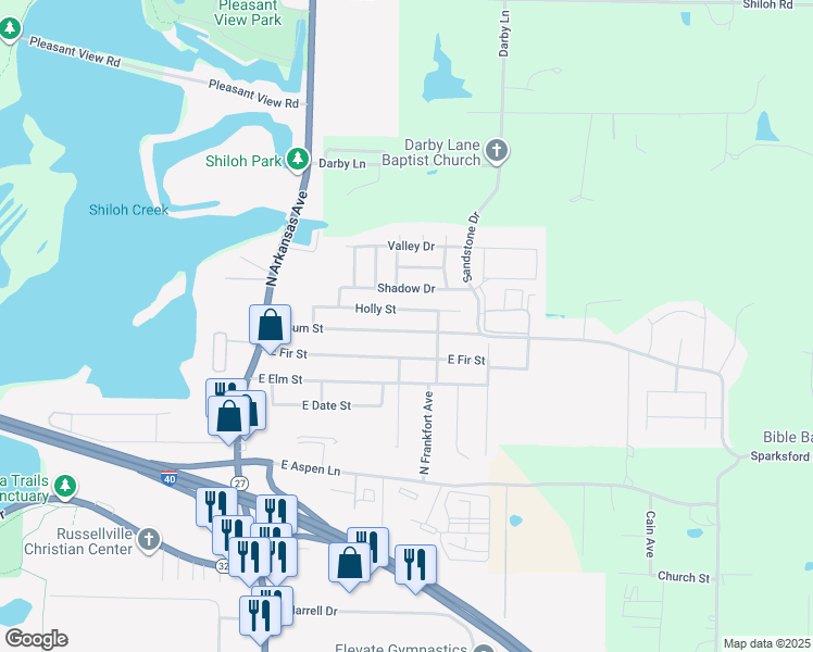 map of restaurants, bars, coffee shops, grocery stores, and more near 501 East Gum Street in Russellville