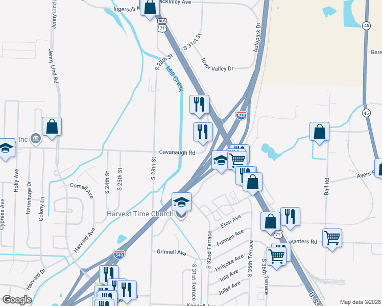 map of restaurants, bars, coffee shops, grocery stores, and more near 3100 Cavanaugh Road in Fort Smith