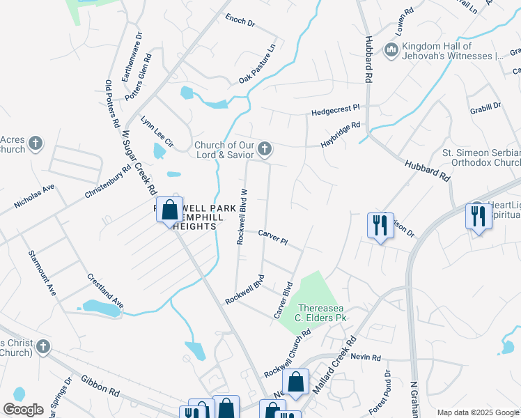 map of restaurants, bars, coffee shops, grocery stores, and more near 6601 Rockwell Boulevard in Charlotte