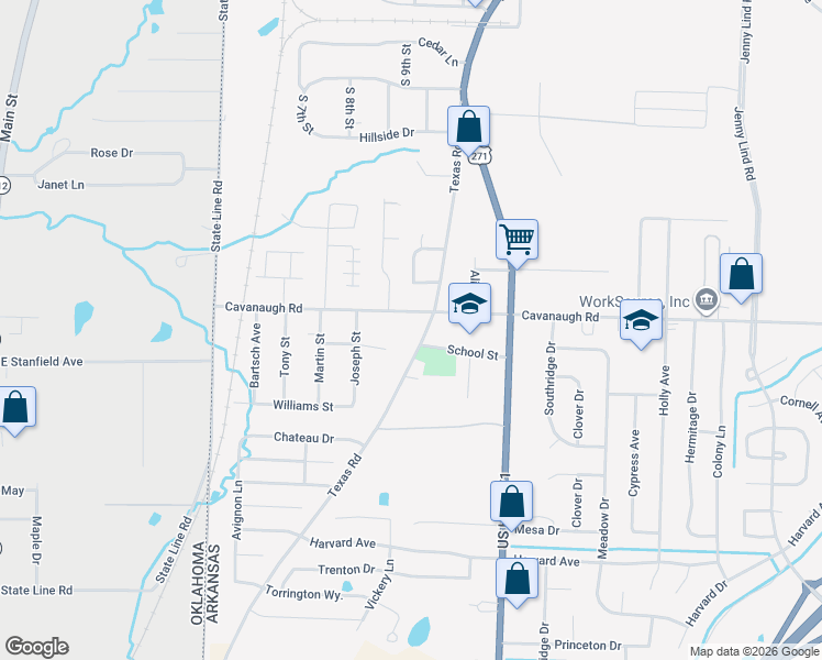 map of restaurants, bars, coffee shops, grocery stores, and more near 7720 Texas Road in Fort Smith