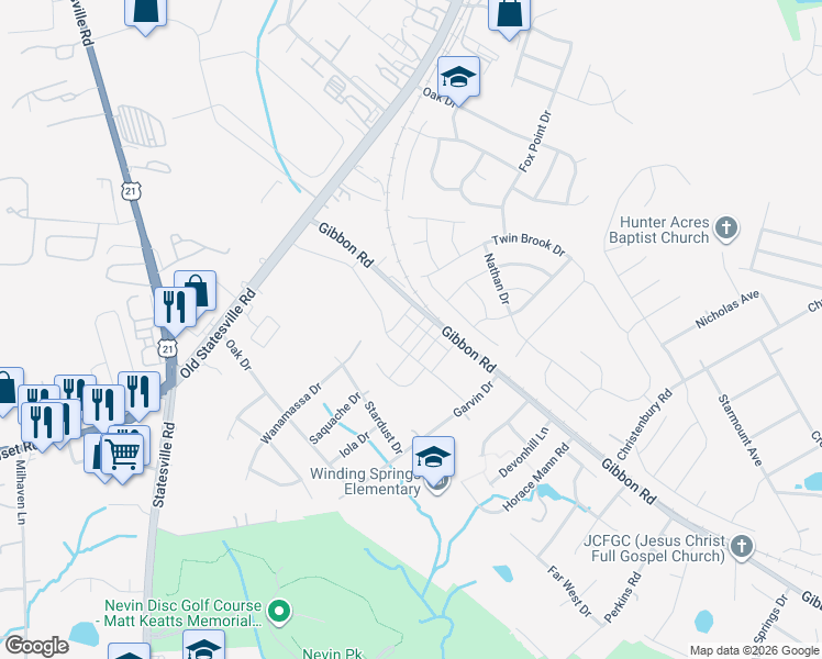 map of restaurants, bars, coffee shops, grocery stores, and more near 4437 Gibbon Road in Charlotte