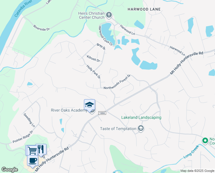 map of restaurants, bars, coffee shops, grocery stores, and more near 11430 Northwoods Forest Drive in Charlotte
