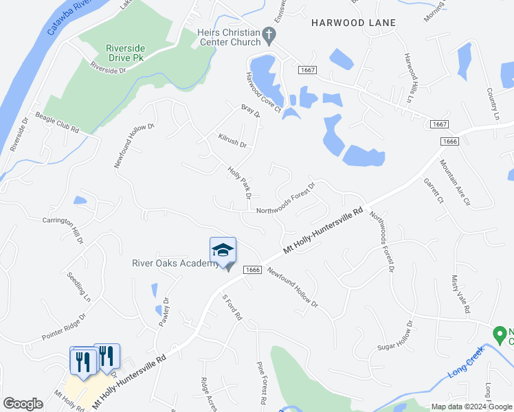 map of restaurants, bars, coffee shops, grocery stores, and more near 11442 Northwoods Forest Drive in Charlotte