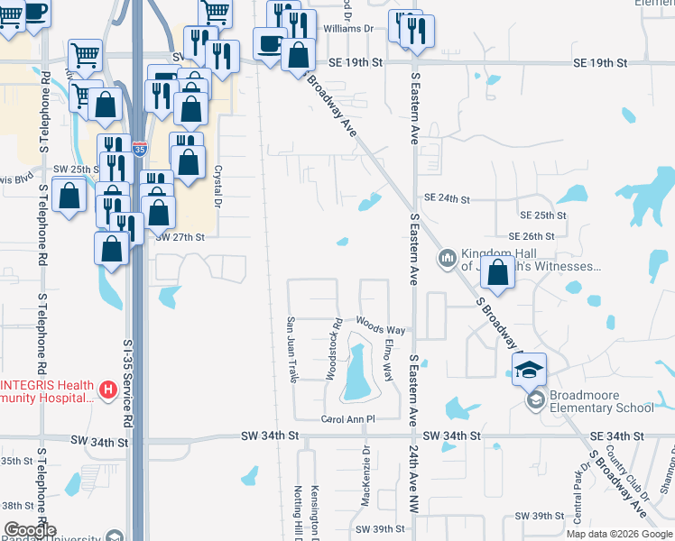 map of restaurants, bars, coffee shops, grocery stores, and more near 601 Southwest 28th Street in Moore