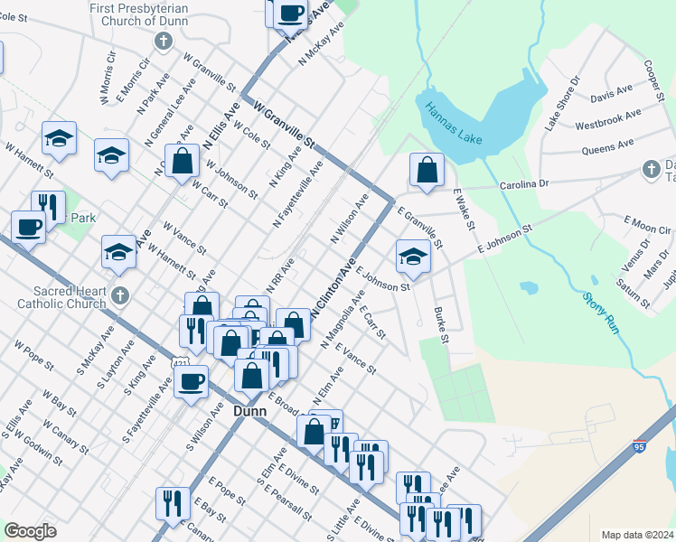 map of restaurants, bars, coffee shops, grocery stores, and more near 605 North Clinton Avenue in Dunn