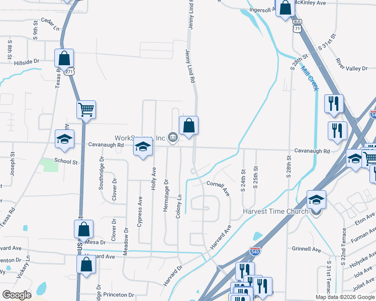 map of restaurants, bars, coffee shops, grocery stores, and more near 2100 Cavanaugh Road in Fort Smith