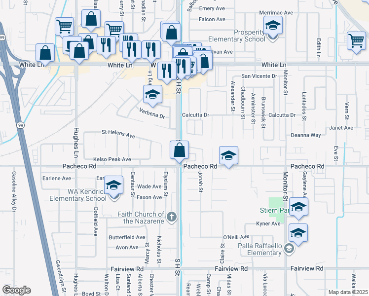 map of restaurants, bars, coffee shops, grocery stores, and more near 1500 Pacheco Road in Bakersfield