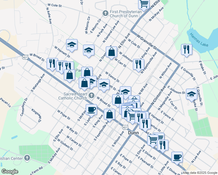map of restaurants, bars, coffee shops, grocery stores, and more near 300 North Layton Avenue in Dunn