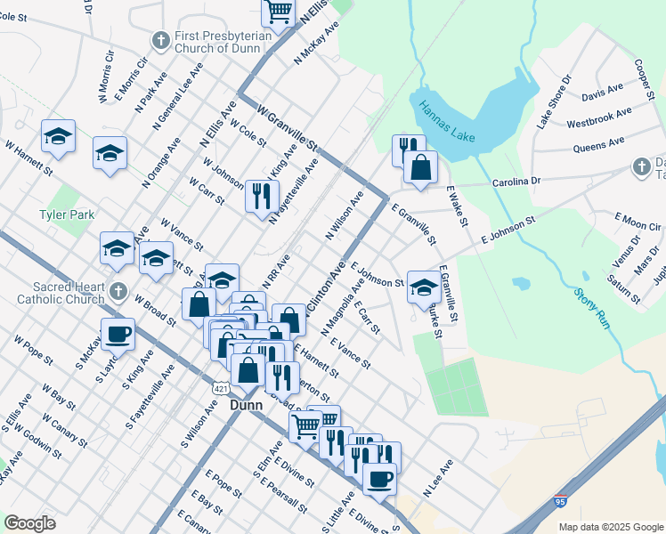 map of restaurants, bars, coffee shops, grocery stores, and more near 605 North Clinton Avenue in Dunn