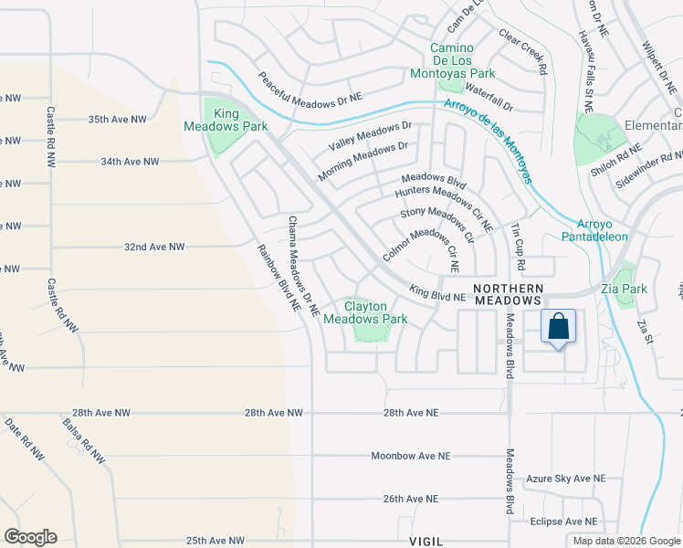 map of restaurants, bars, coffee shops, grocery stores, and more near 3100 Wingate Meadows Drive Northeast in Rio Rancho